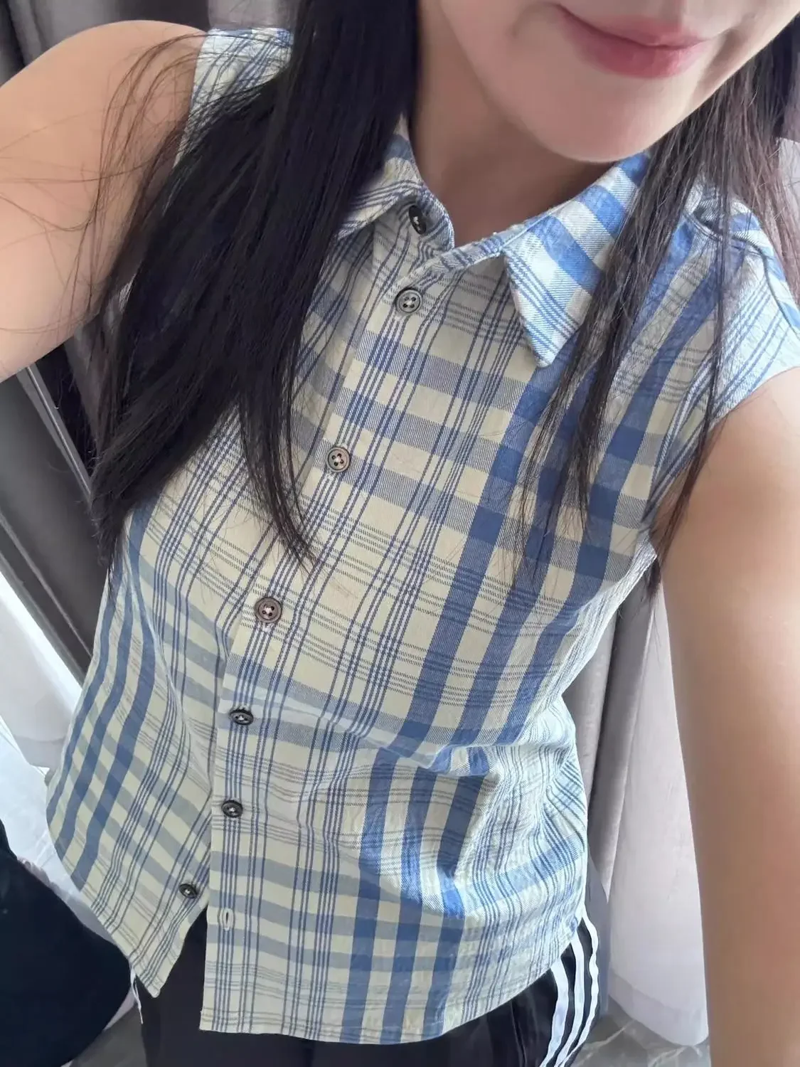 

Korea Style New Sweet Blue Plaid Sleeveless Formal Shoulder Blouse Outer Small Design Shirt Fashion Womens Tops