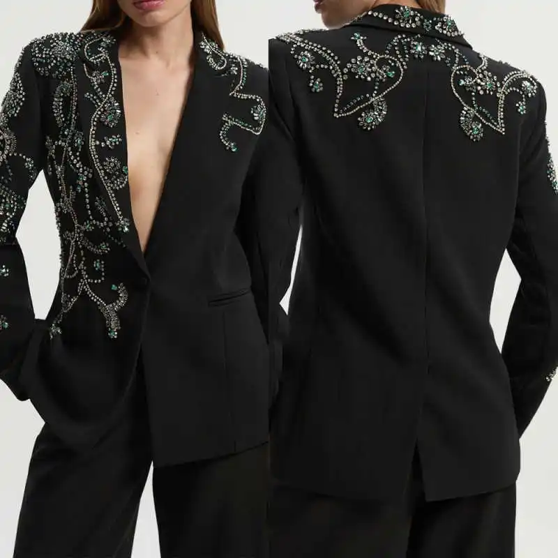 Luxe Kristallen Moeder Van De Bruid Pakken 2-delige Diepe V-hals Broek Sets Kantoor Dames Werk Aangepaste outfits