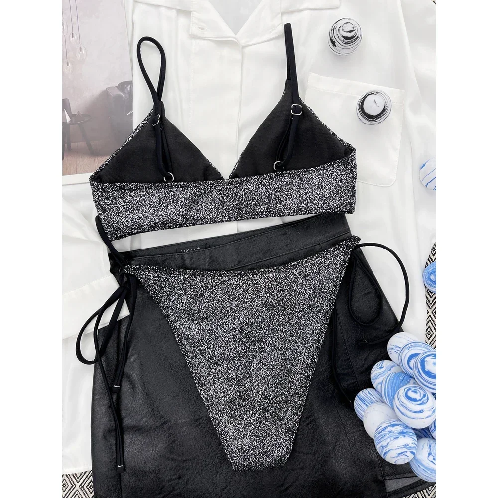 

Black Shiny Bikini 2025 Two-piece Swimsuit Women Sexy V-neck Push Up Padded Bathing Suit Low Waist Backless Beach Swimwear