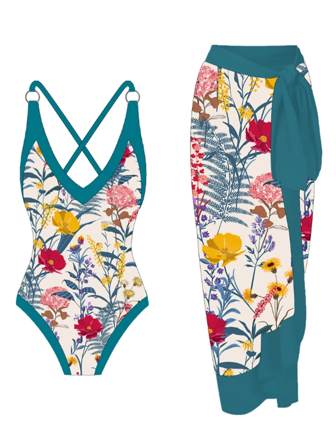 Traje de baño con estampado Floral para mujer, ropa de playa con cuello de pico, tirantes finos, estilo playero