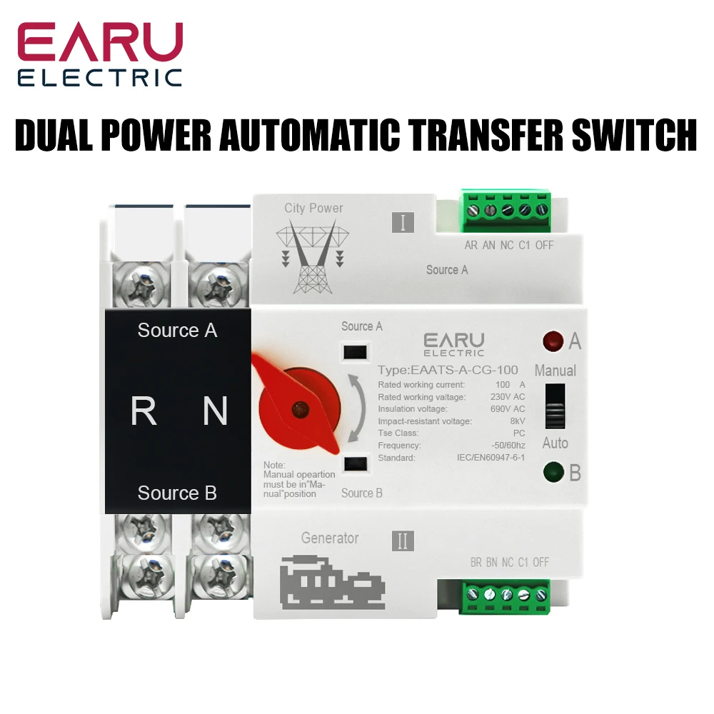 Din Rail 2P ATS Dual Power Automatic Transfer Switch Selector Switches Uninterruptible Millisecond Power Generator 100A AC 220V