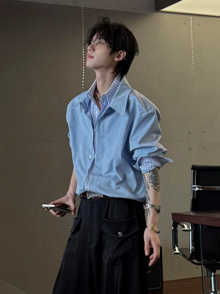 

Trendy American Style Striped Patchwork Double Layer Collar Fake Two-Piece Light Blue Long Sleeve Shirt Men's Autumn High End...