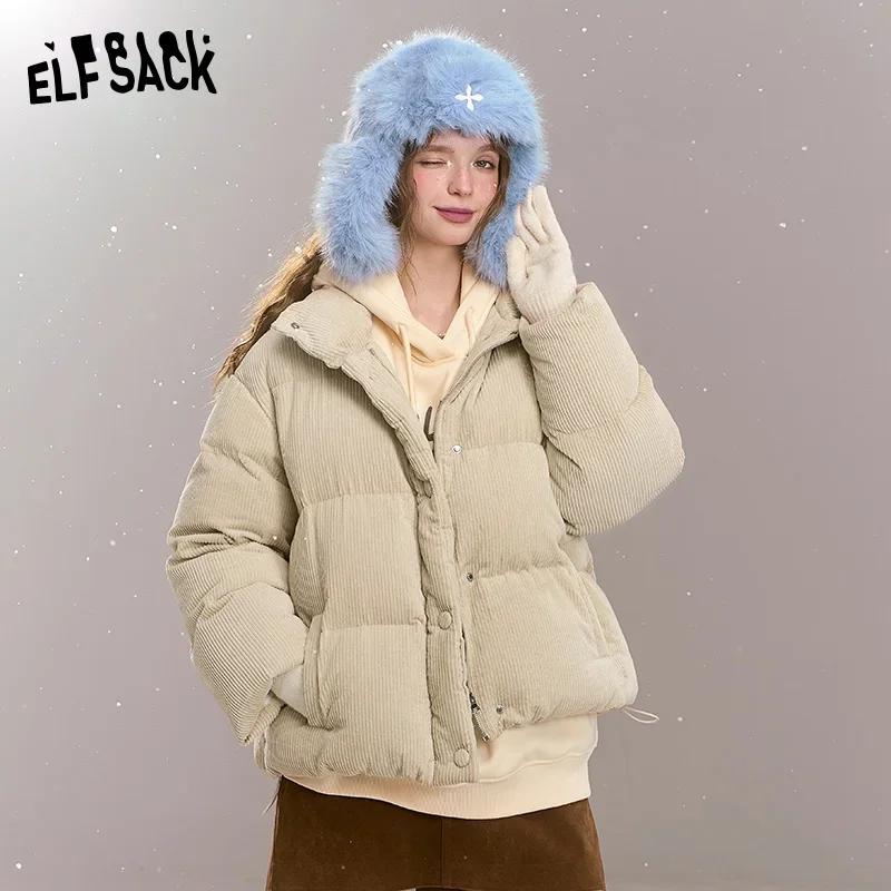 ELFSACK 2024 Winter New Arrivals Retro casual short down jacket, stand-up collar, dropped shoulders, corduroy, thick and warm