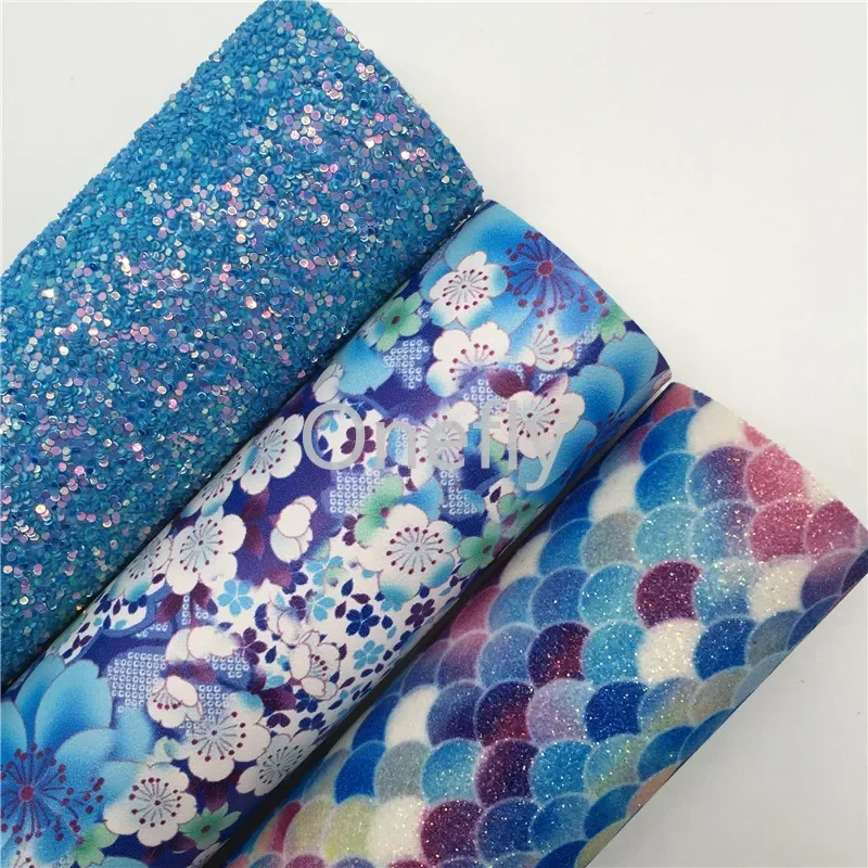 Onefly 21X29CM Blue Glitter Fabirc, Mermaid Glitter Fabric, Flowers Printed Faux Fabric Sheets For Bow DIY handbags shoes  AQ057