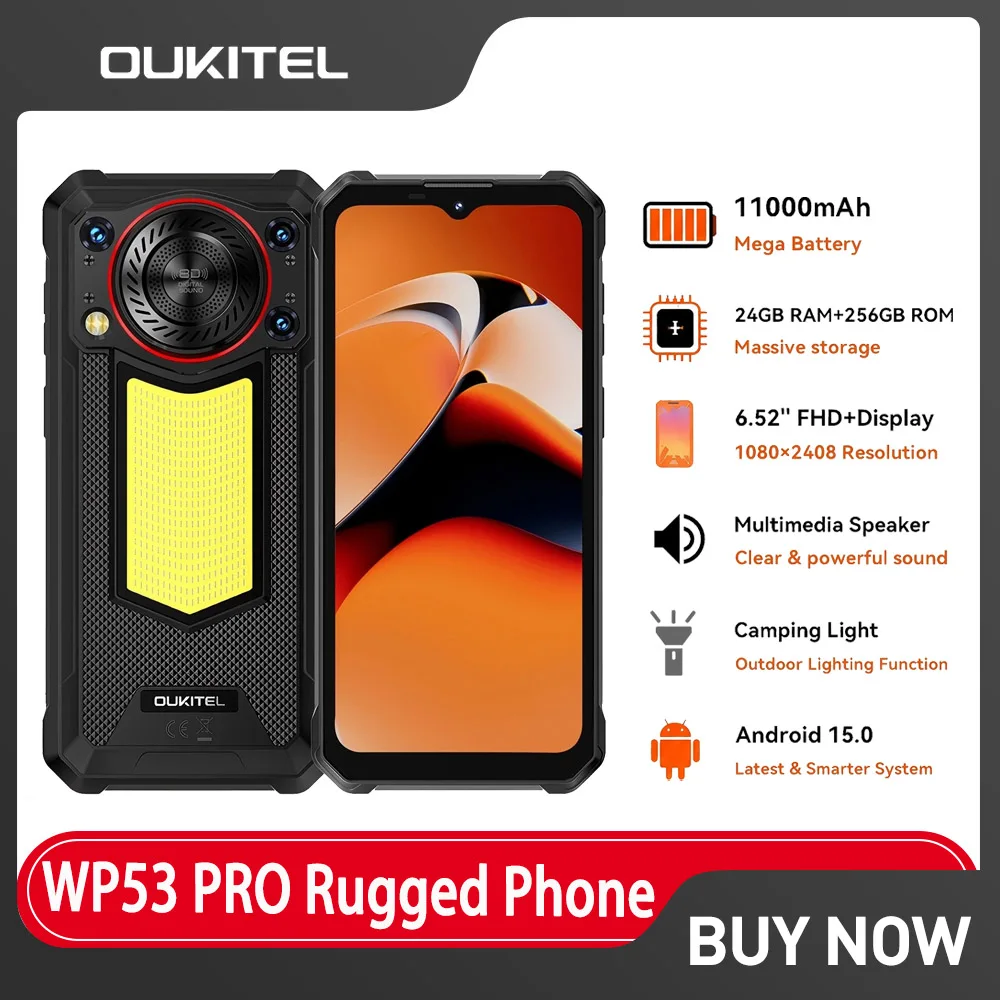 OUKITEL WP53 PRO IP68 Rugged Phone 8GB+256GB 11000mAh Battery Android 15 Smartphone 6.52"HD+ Display NFC 50MP Camera Cell Phone