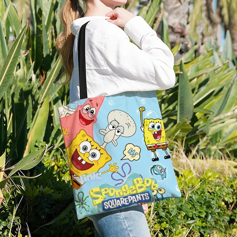 SpongeBobs Canvas Tote Bag Shoulder Bags Cartoon Printing Casual Handbag Ladies Reusable Large Capacity Women Shopping Bag Gifts