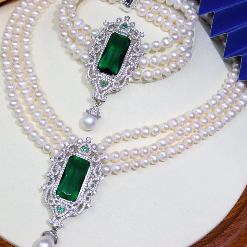 1set  3rows freshwater pearl white near round 5-6mm necklace bracelet green/blue zircon pendant