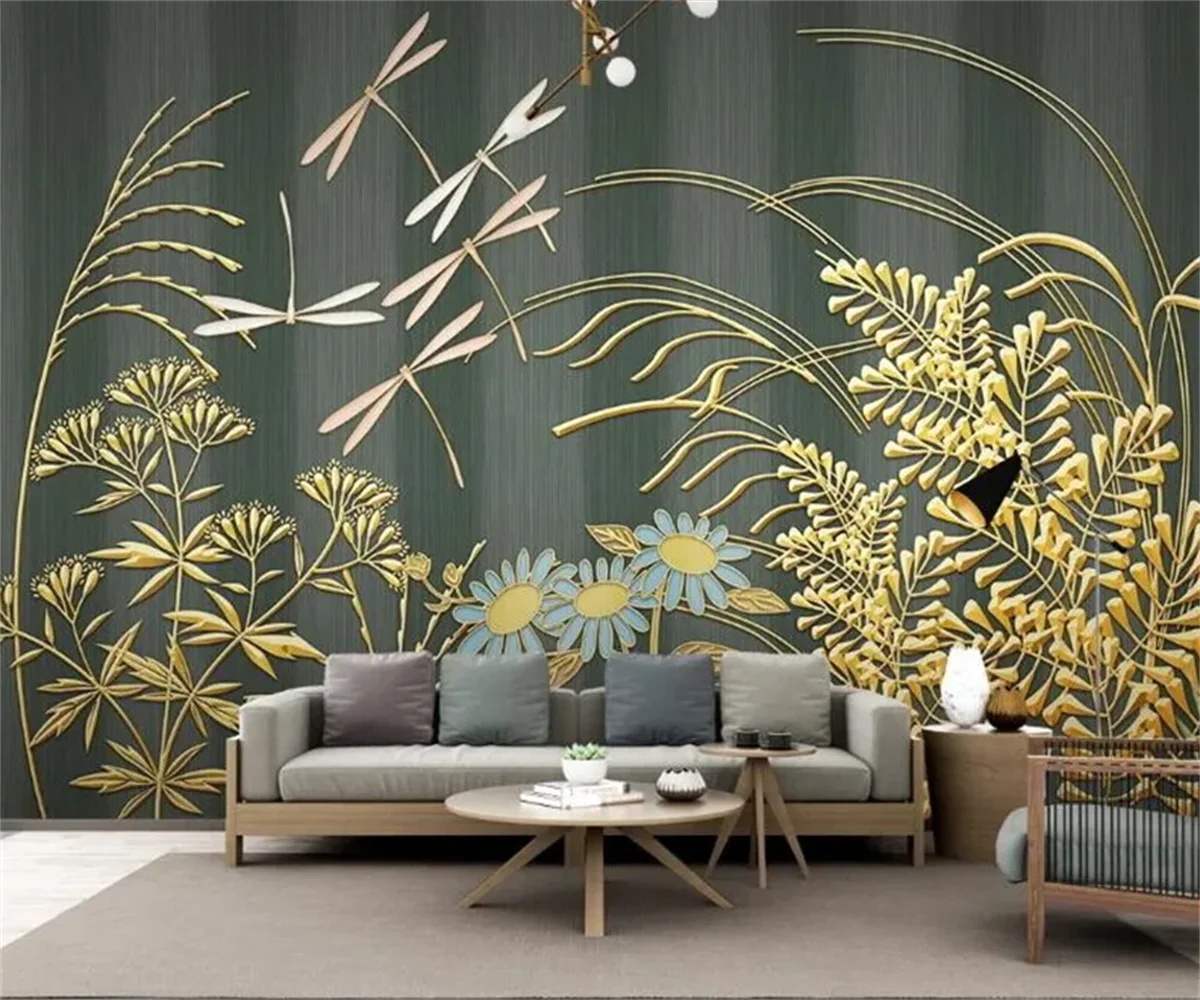 

Custom mural Northern Europe modern simple gold relief lines light luxury tropical plant background wall wallpaper