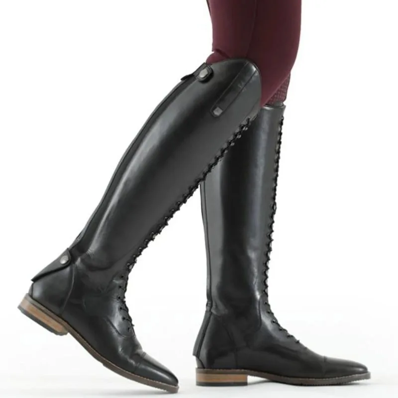 Women's Knight Boots Winter New Low Heel Metal Decorative Front Lace-up High Tube Retro Large Size 40-48 Women Knee-High Boots