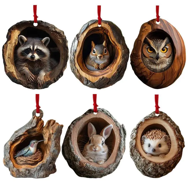 Animal Christmas Ornaments 2D Cute Christmas Acrylic Pendant Animal Raccoon Owl Squirrel Hedgehog Bunny Bird Wildlife Ornaments