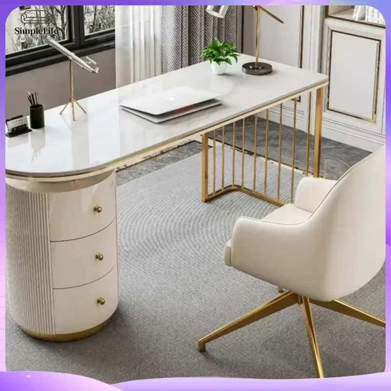 Modern White Executive Office Desk Wooden Computer Table with Gold Metal Legs Home Office Study Writing Workstation Desk for