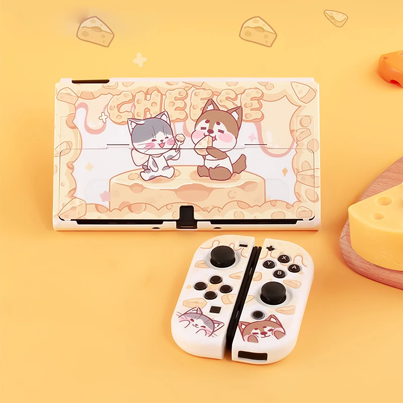 

Cute Cheese Cat Dog Protective Cover for Nintendo Switch OLED Hard PC Shell With Free Thumb Grip for Nintendo Switch Oled Case