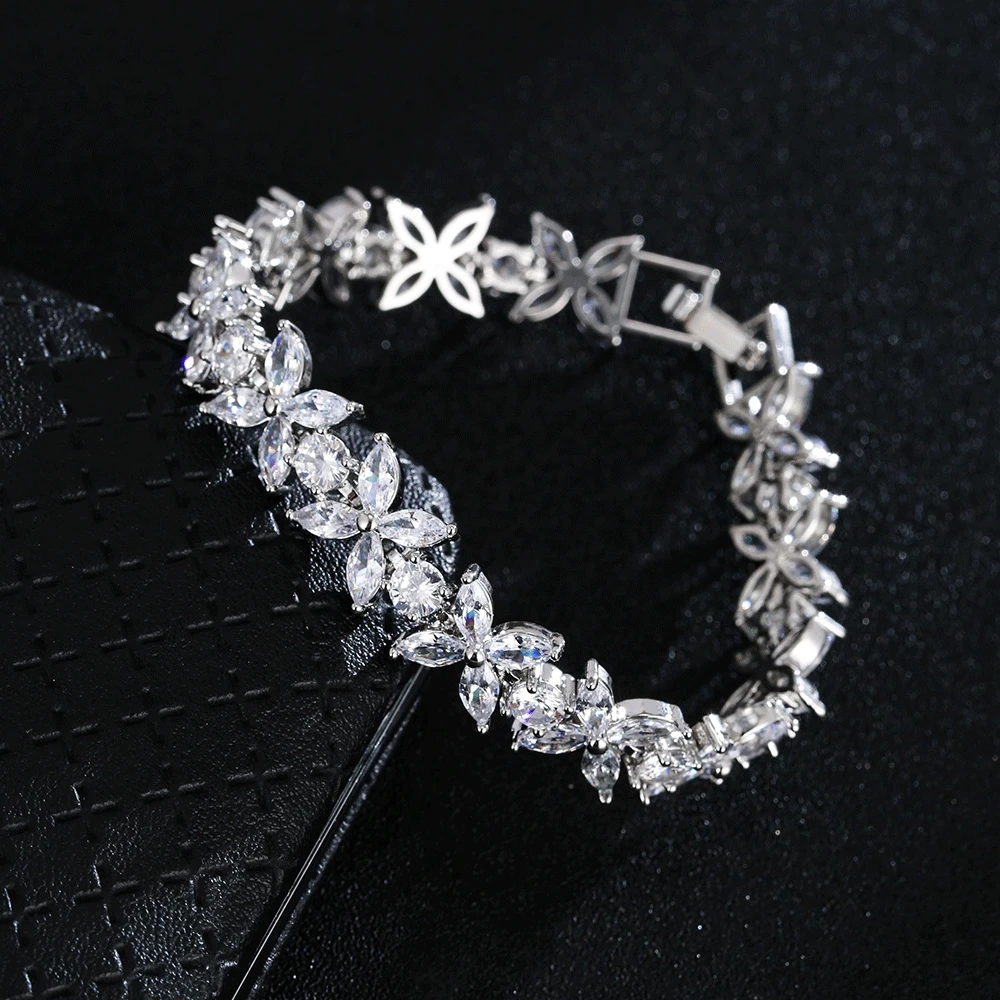 Fashion White Marquise Cut Cubic Zircon Chain & Link Bracelets Bangles Flower Bridal Wedding Jewelry for Women