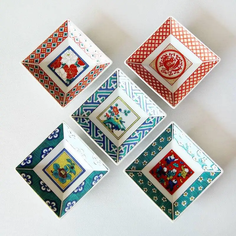 Authentic Japanese Imported Kutani Ware Painted Small Square Set, Square-Shaped Dessert Fruit Side Dish Ceramic Plate