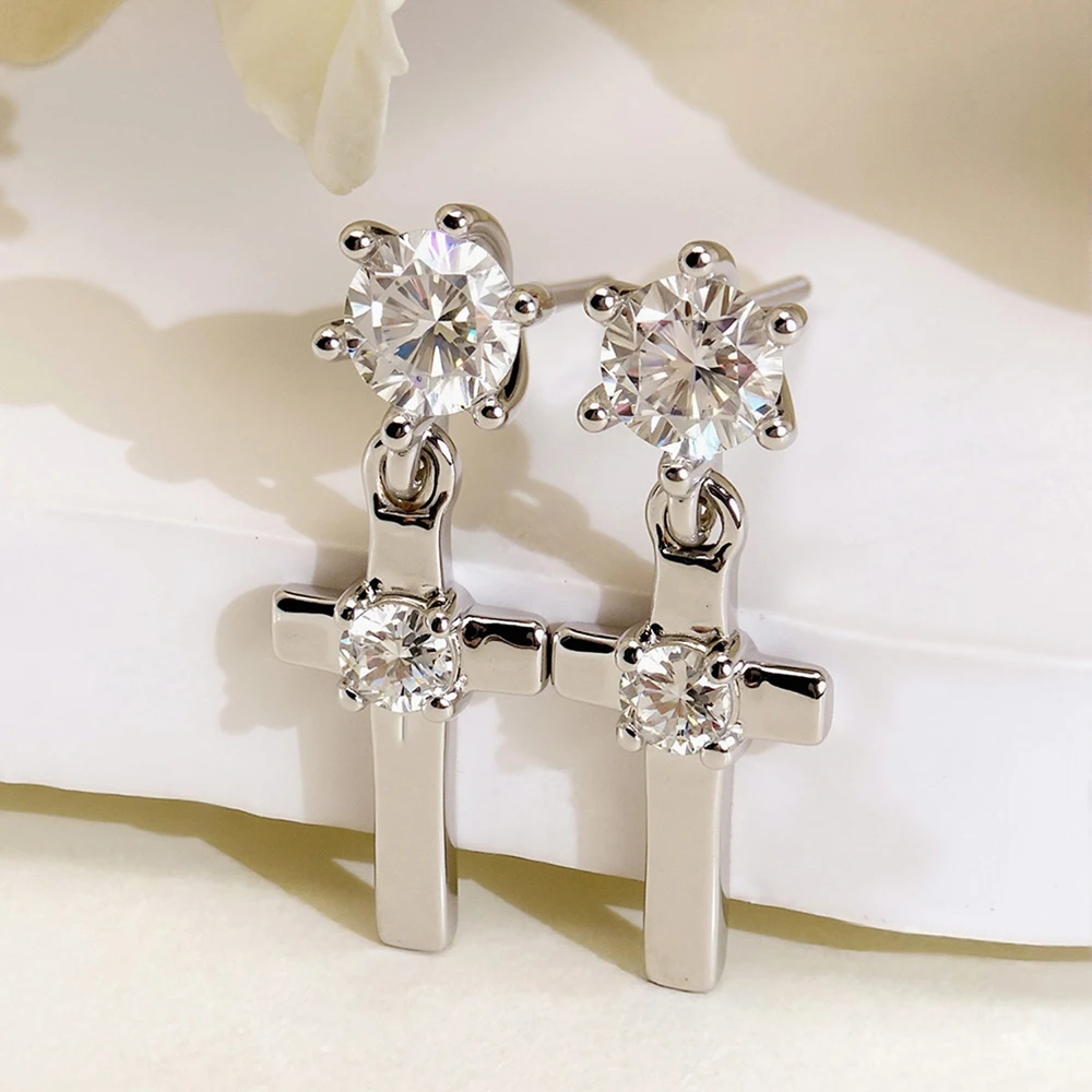 

Серьги-подвески из стерлингового серебра 925 пробы с крестом и муассанитом для женщин, сверкающие круглые серьги-гвоздики с бриллиантами и сертификатом, ювелирные изделия