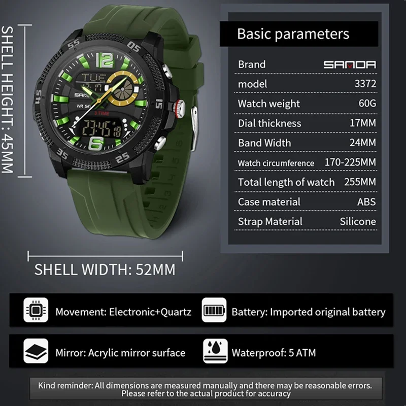SANDA Fashion ساعات رجالية فاخرة مزدوجة شاشة ديجيتال رياضية تناظرية كوارتز ساعة يد كاجوال مقاومة للماء كرونوغراف من جل السيليكا