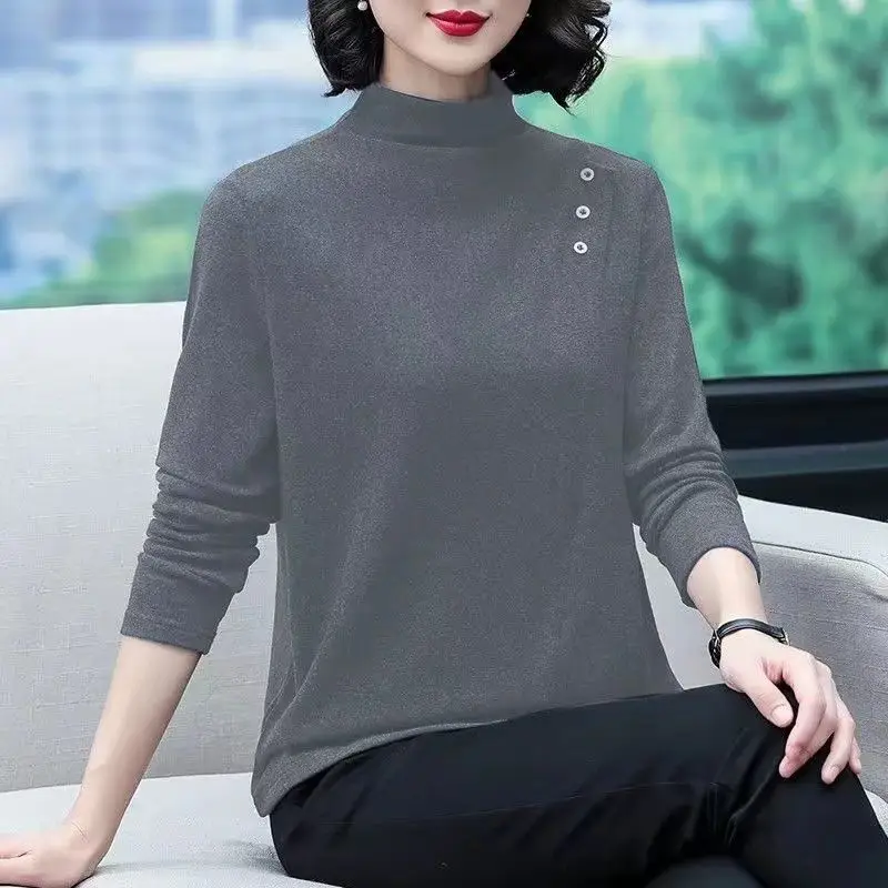 Autumn and Winter Women's Solid Color Pullover Half High Neck Button Loose Fit Long Sleeve Underlay Fashion Elegant Casual Tops