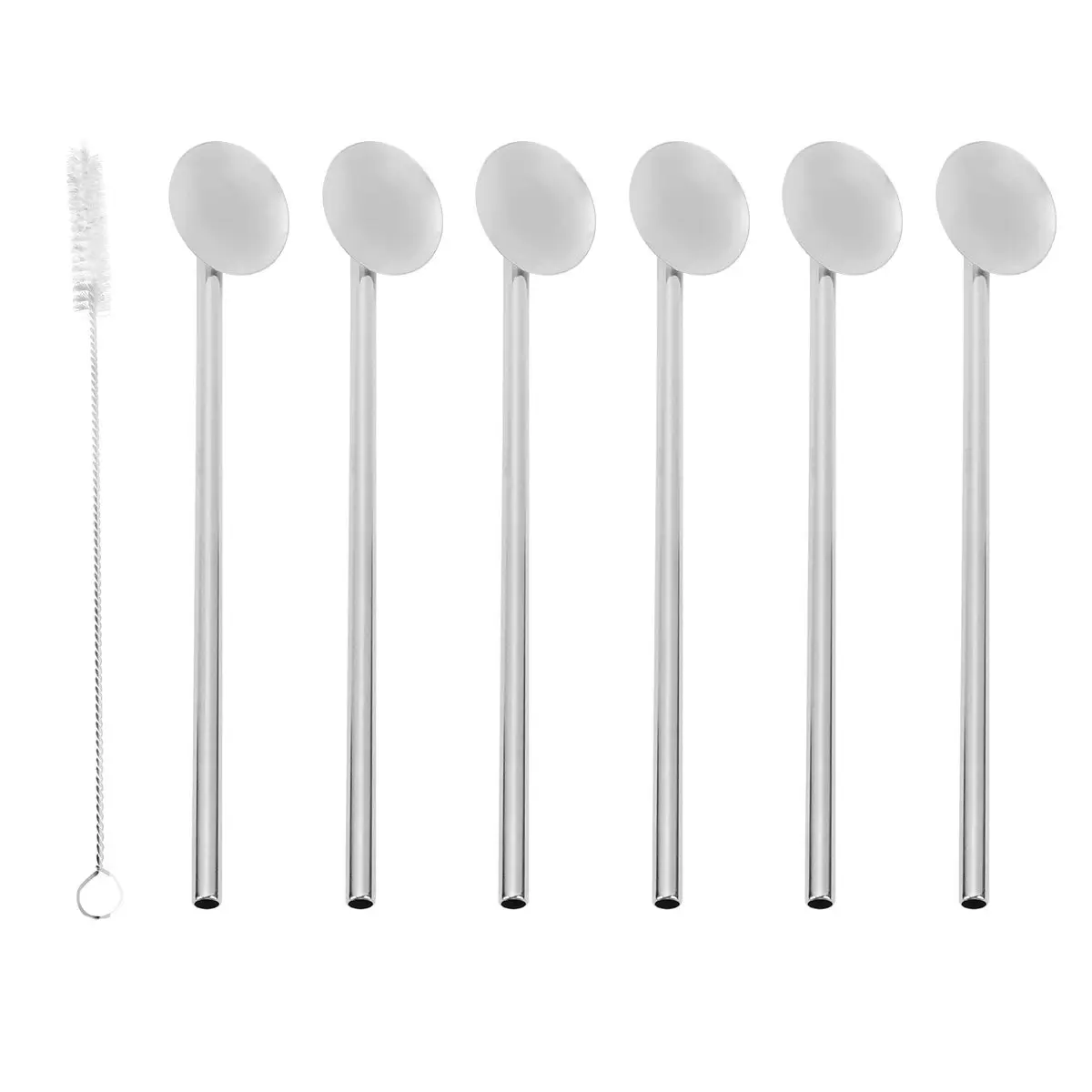 7Pcs Stainless Steel Straw Spoon Set Silver Long Handle Stirring Spoons Coffee Tea Dessert Mixing Bar Cocktail Reusable Metal