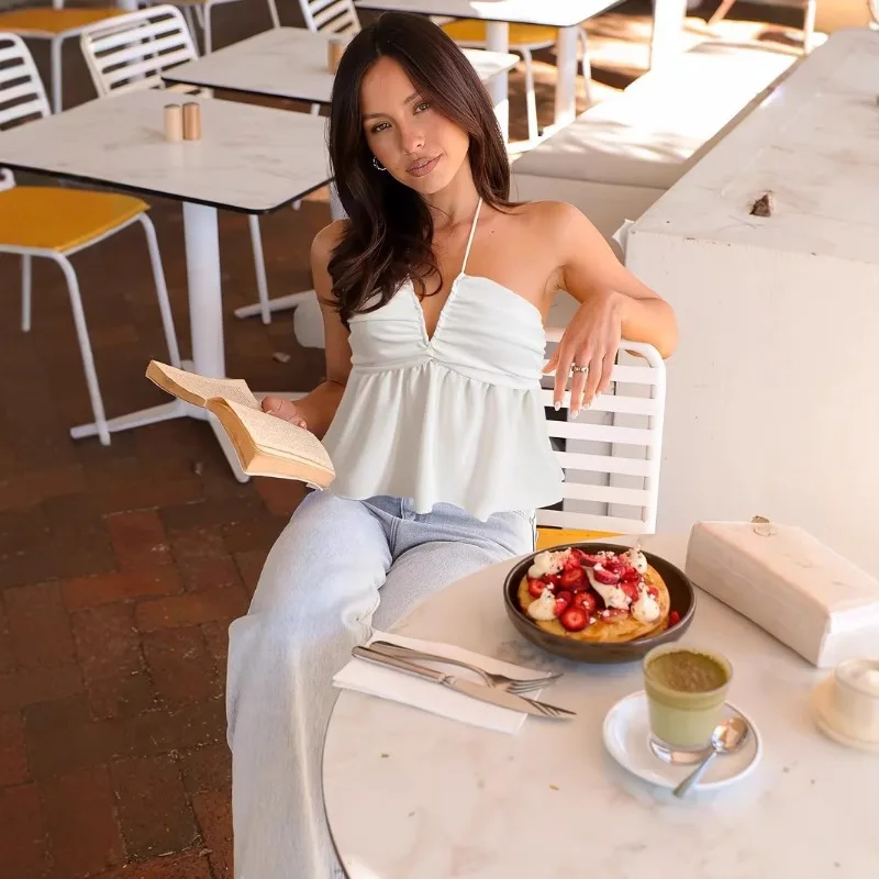 

2025 Summer New Style Neck Hanging Sexy Suspender White Tank Top Slim Fit Deep V Sleeveless Ruffle Edge Top Women's Backless