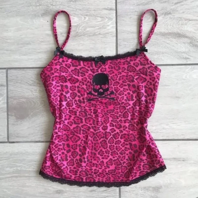

топ y2k American Retro Hottie Y2k Halter Vest Summer Leopard Skull Print Lace Patchwork Tanks Women's Sexy Slim-fit Short Top