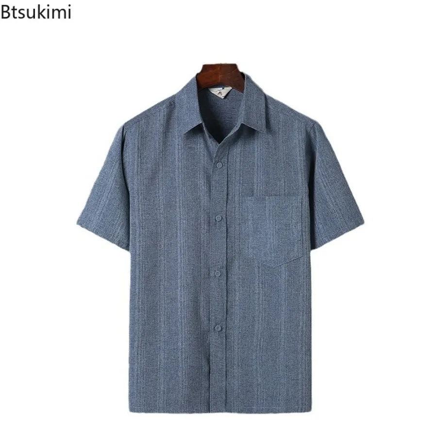 Summer Middle-aged and Elderly Men Clothing Business Casual Short Sleeve Lapel Button Shirts Vintage Cotton Linen Shirts for Men