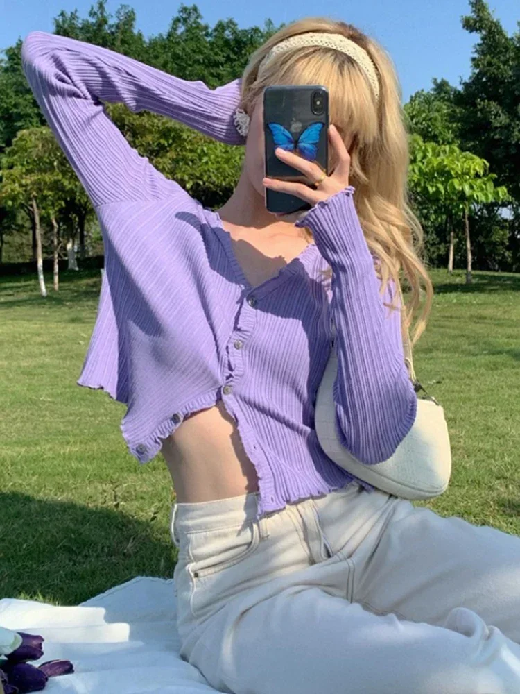 

Spring Autumn Women's Long-Sleeved Knit Cardigan Purple Tops New Korean V-Neck Short Sunscreen Chic Sweaters GD375