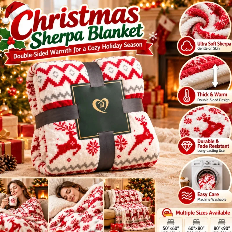 Christmas Double Layer Sherpa Fleece Christmas Throw Blanket Soft Warm Xmas Pattern 150x200cm Sofa Bed, Holiday Home Decor Gift