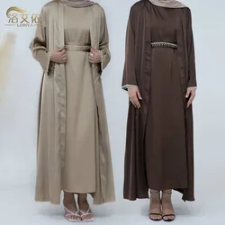 Primavera/estate abito in rilievo tinta unita Dubai Abaya set musulmano abiti da donna Caftano abaya per le donne Casual Femme Caftano abiti