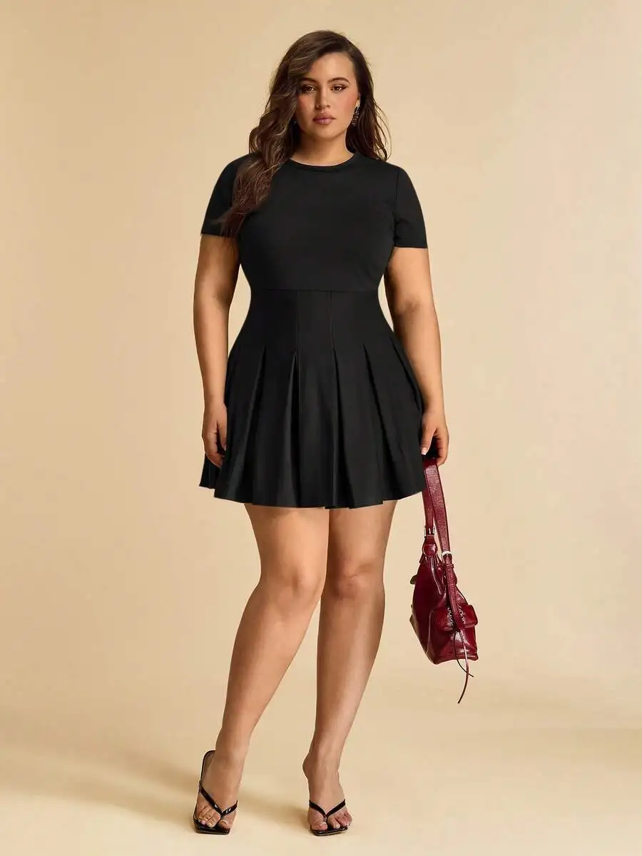 

Plus Size Short Sleeve Pleated Mini Dress For Women Casual Party Outfit