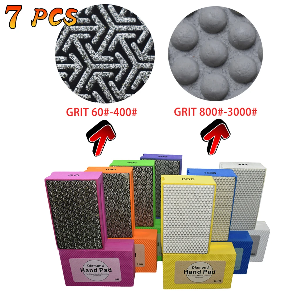 7 Pcs Diamond Hand Polishing Pads for Glass Counter Granite Marble Concrete Ceramic Tile Floor Rock Wood Terrazzo Grit 60-3000