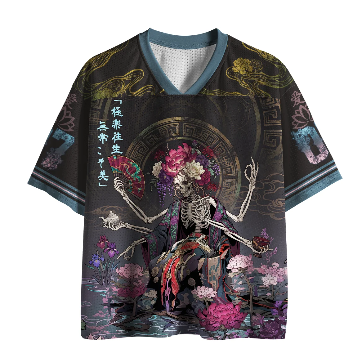 Mesh V-neck Jersey, Japanese Ukiyo-e Multi Armed Skeleton Geisha, Lotus Peony Print, Adult and Children's Style