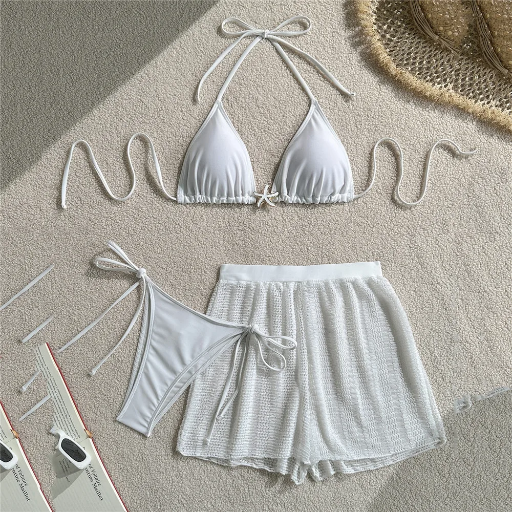 Witte mesh shorts, halter string triangle bikini's, 3-delige micro thong sexy badpakken, dames metalen ster bikini