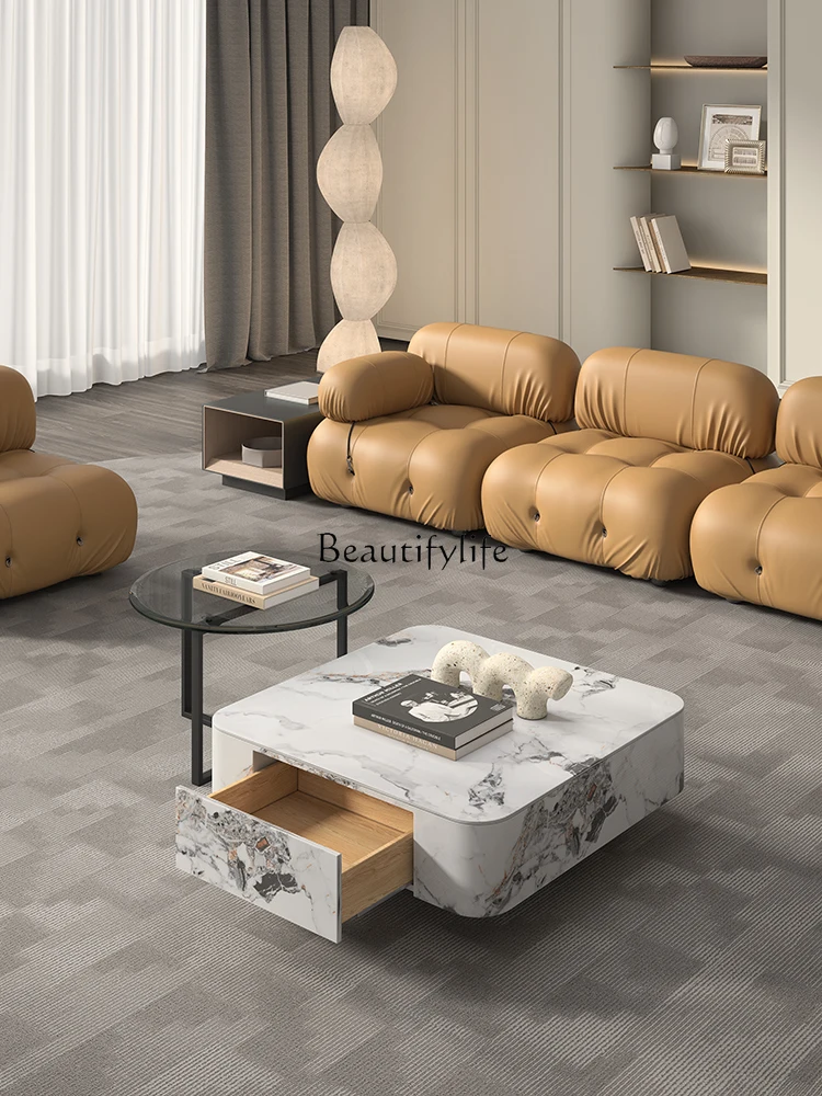 

03.Italian minimalist square rock slab coffee table modern minimalist living room Nordic simple TV cabinet combination