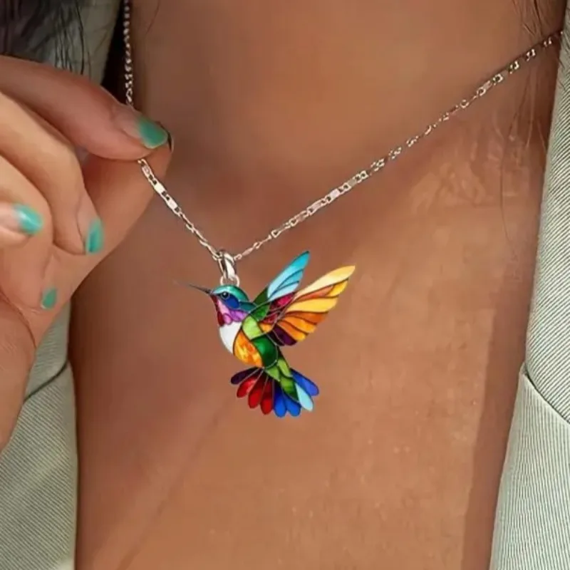 Bunte Kolibri-Vogel-Ohrring-Halsketten, 2D-Kolibri-Halskette, Vogel-Halskette, Geschenke für Frauen, Mädchen, Vogelliebhaber