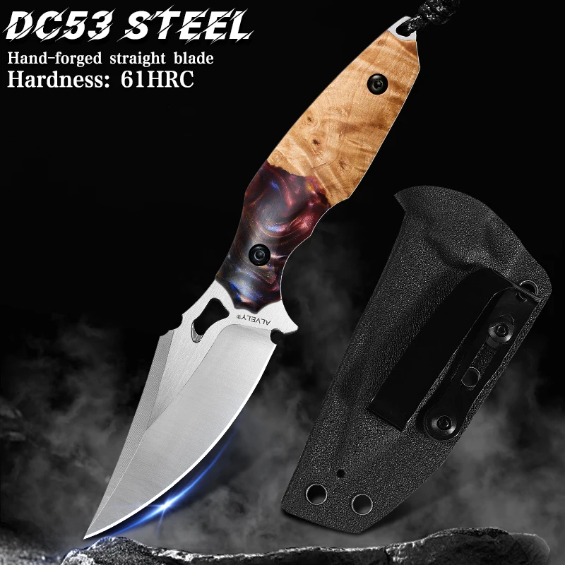 

High-quality DC53 steel fixed-blade knife, a carry knife featuring a resin and maple wood handle and a K-style sheath. Ideal for outdoor hiking, fishing trips, camping, and exploration practical, purpose-built EDC fixed-blade knife.