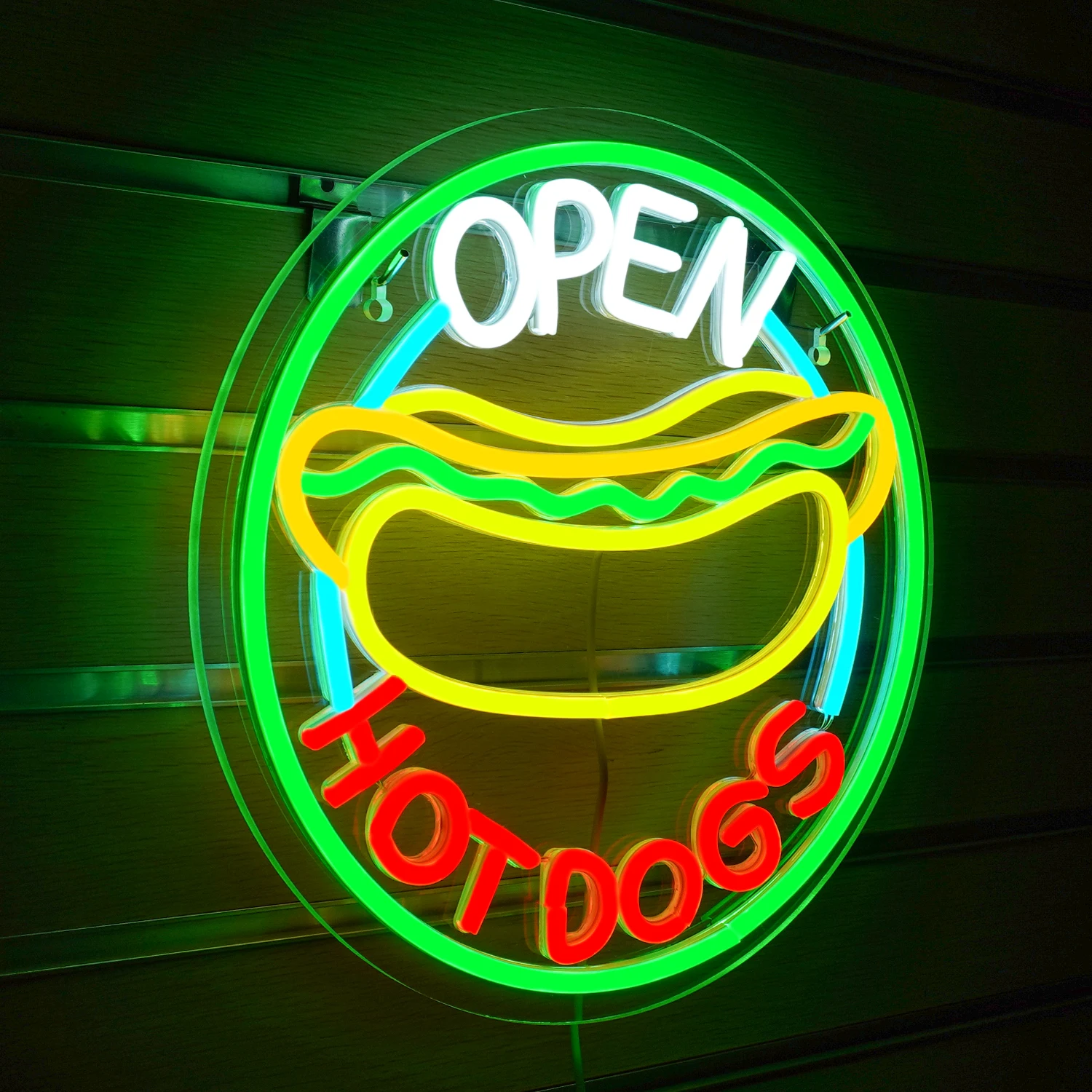 Imagem -02 - Open Hot Dog Neon Sign Led Regulável Redondo Decoração de Parede Verde Alimentado por Usb Quarto Restaurante Festa Familiar Fast Food Decoração da Loja