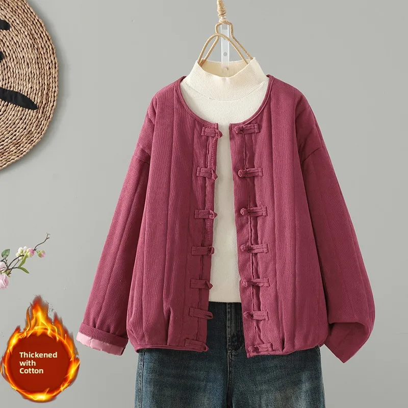 Thickened Velvet Jacket Women's Stylish Long Sleeve Cotton Polyester Blend Warm Coat Button Design Heavy Work Color Cotton Cl...