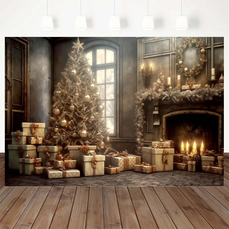 Mocsicka Christmas Tree Art Decoration Background Gift Candle Props Grey Gold Vintage House Fireplace Backdrop Studio Photobooth