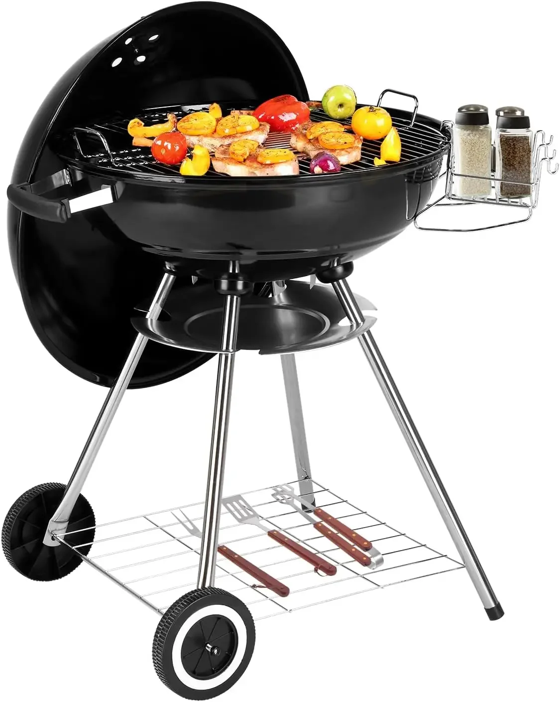 Charcoal Grill, 22 inch Stainless Steel BBQ Charcoal with Wheels and Storage Holder for Camping Picnic Barbecue Party Outdoor