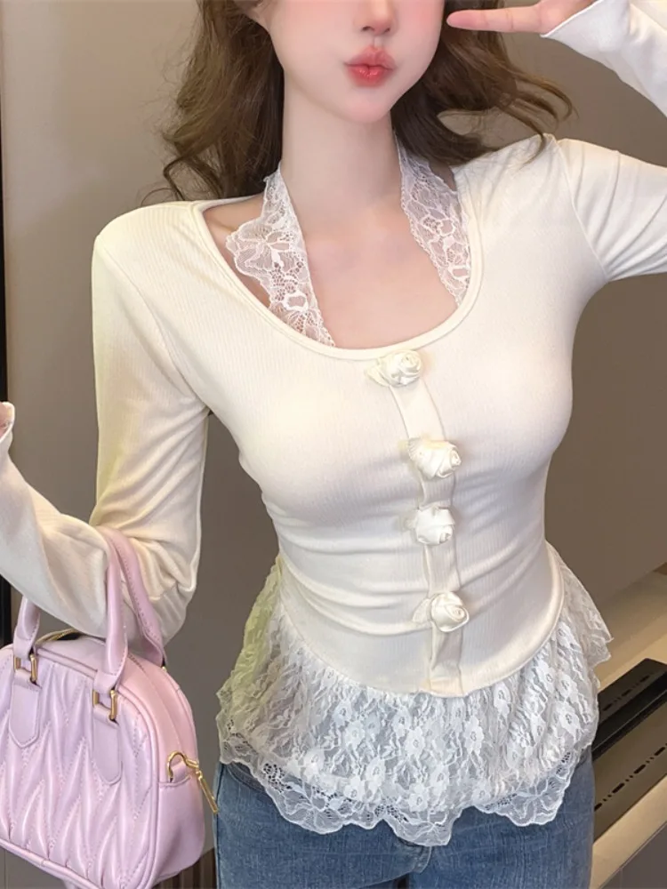 

Sweet Youngizing Lace Neckline Base Shirt Women's Style Gathered Waist Skirt Hem Fake Two-Piece Top Commute Elegant Slim Fit