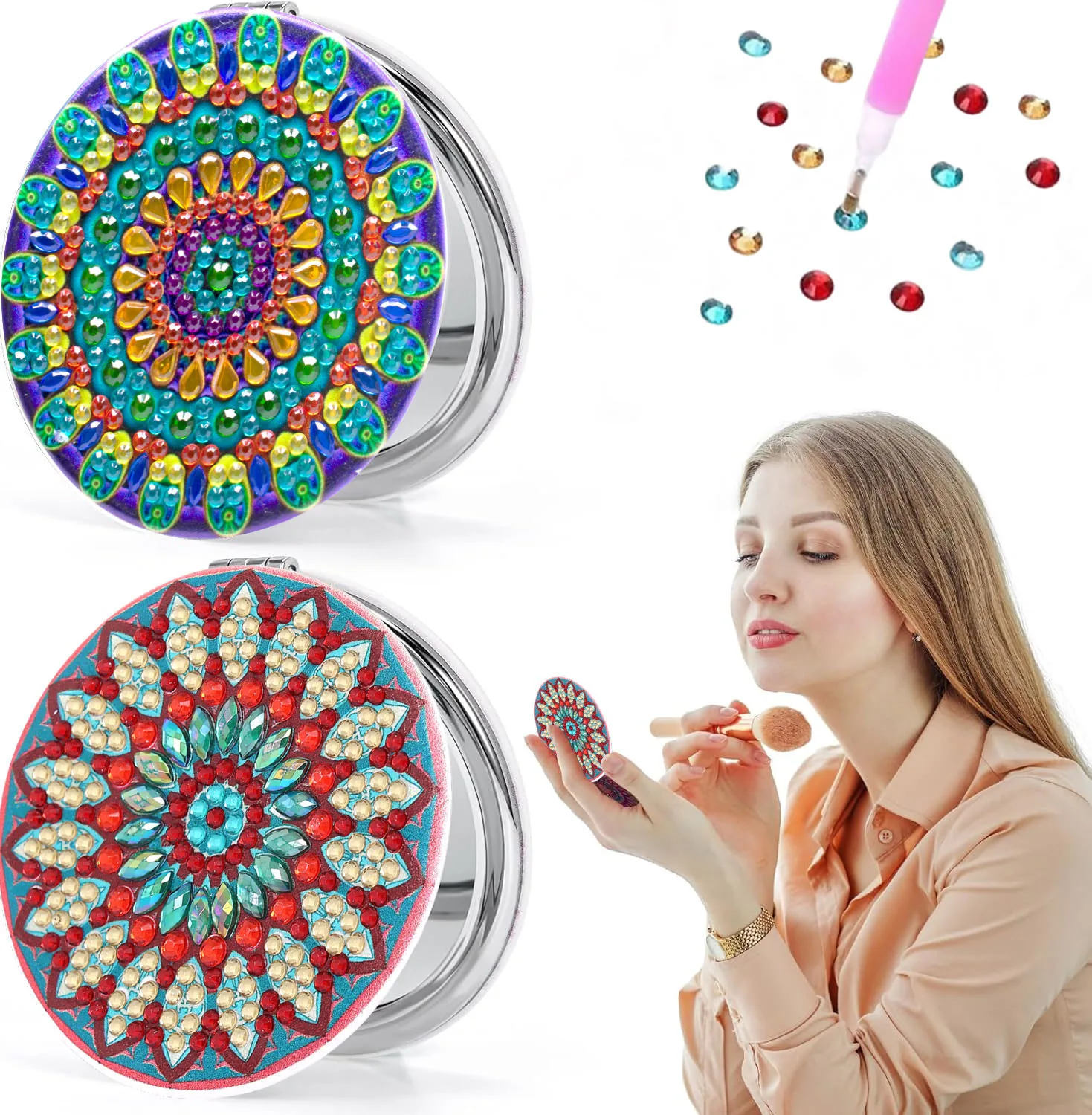 

2pcs Mandala Diamond Painting Mirror Compact Crystal Rhinestone PU Leather Cover Portable Pocket Mirror for Travel and Daily Use