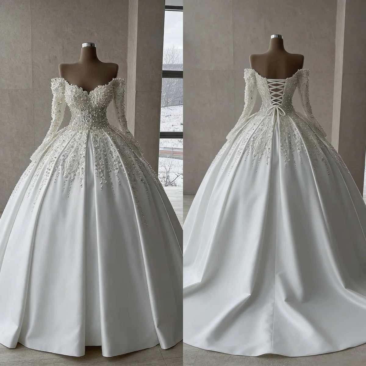 

Элегантное свадебное платье-баллон из атласа с длинными рукавами, расшитое бисером, с открытой спиной, больших размеров, Vestido De Novia