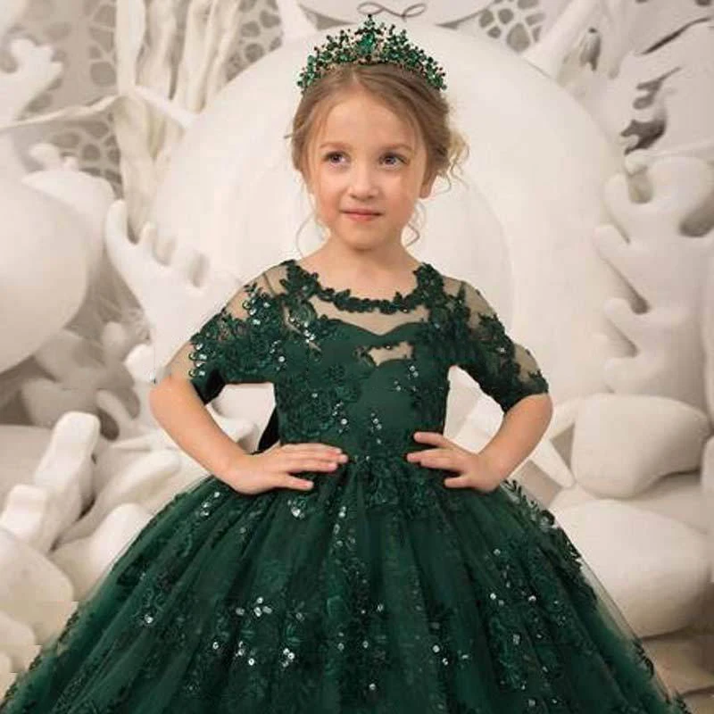 Customized Green Ball Gown Baby Flower Girl Dresses Appliques Half Sleeves Children Wedding Party Birthday Gowns