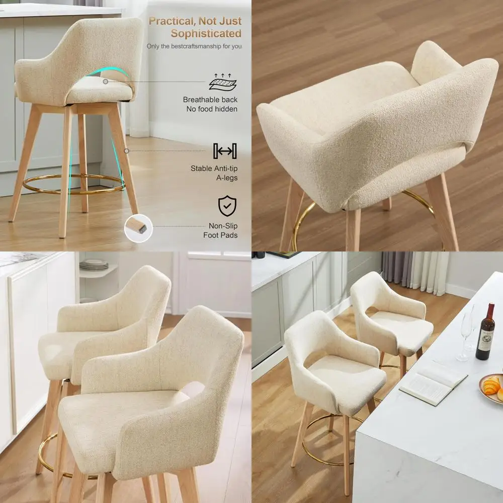 

Комплект из 2 деревянных барных стульев, высота для барной стойки, со спинкой и подлокотниками, сиденье из бежевого льняного материала, ножки из массива дерева и золотистая опора для ног.