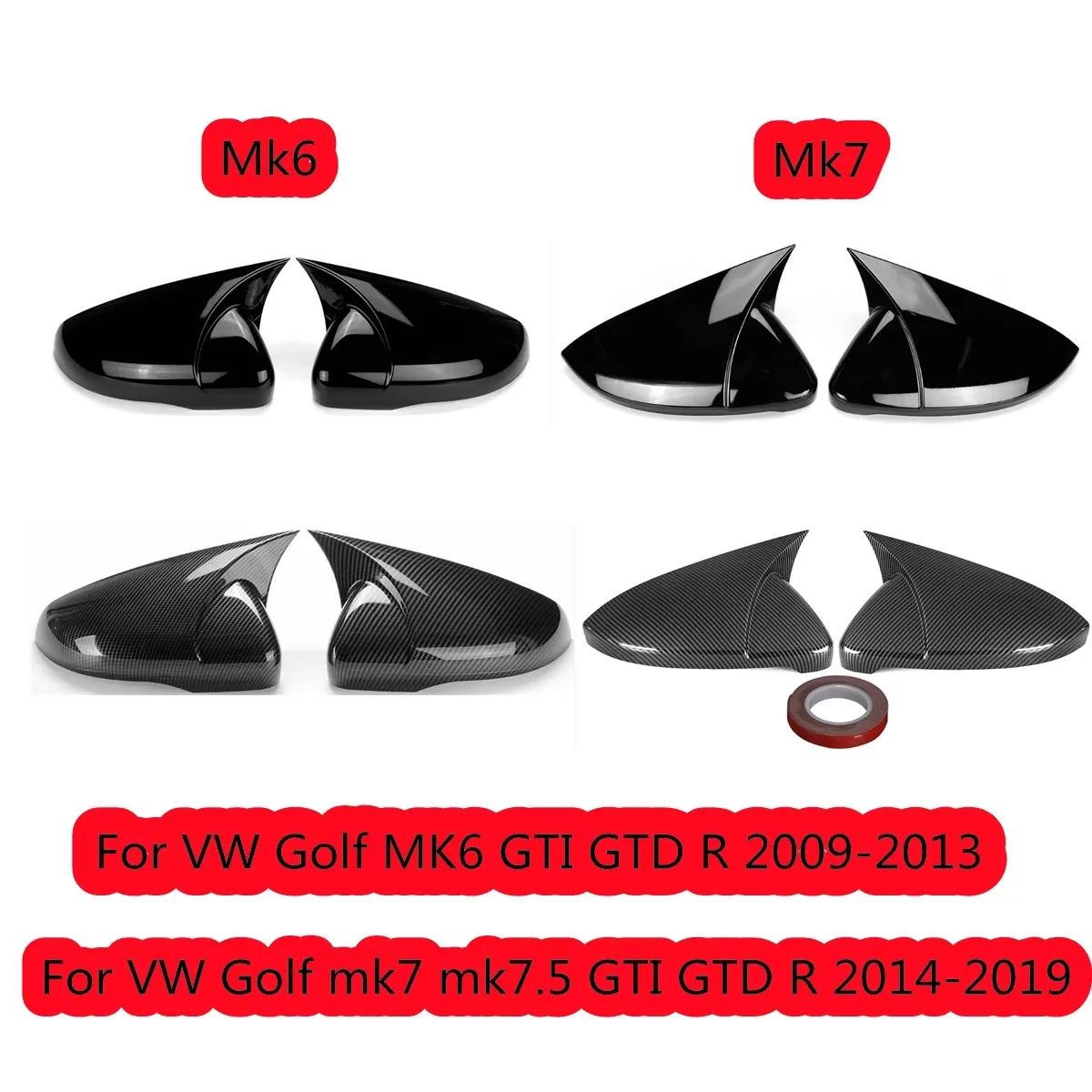 Pair Side RearView Mirror Cover Caps For VW Golf MK6 MK7 MK7.5 GTI R GTD ALL 2009-2020 Rear Wing Mirror Cap