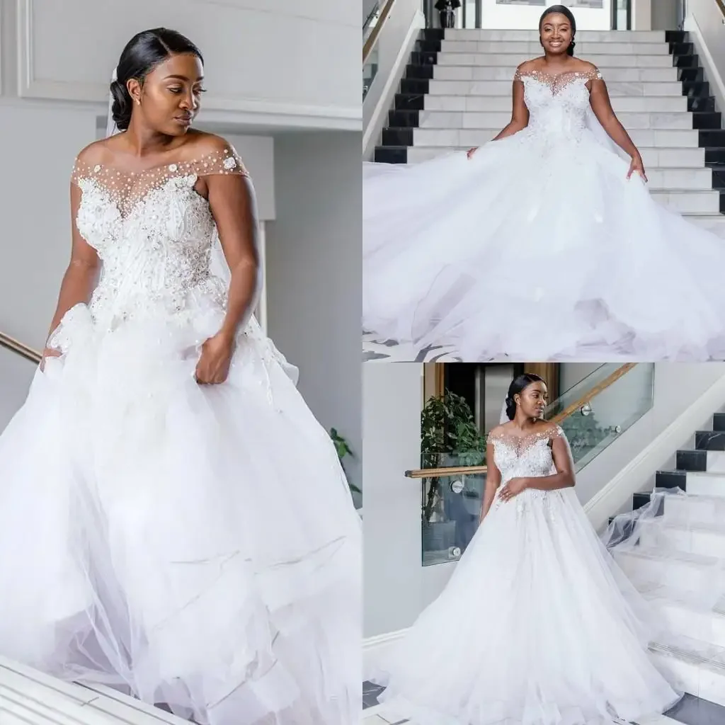 

Customized Off The Shoulder A Line Wedding Dresses 2024 African Lace Pearls Beaded Plus Size Bridal Gowns Tulle Sweep Train Vest