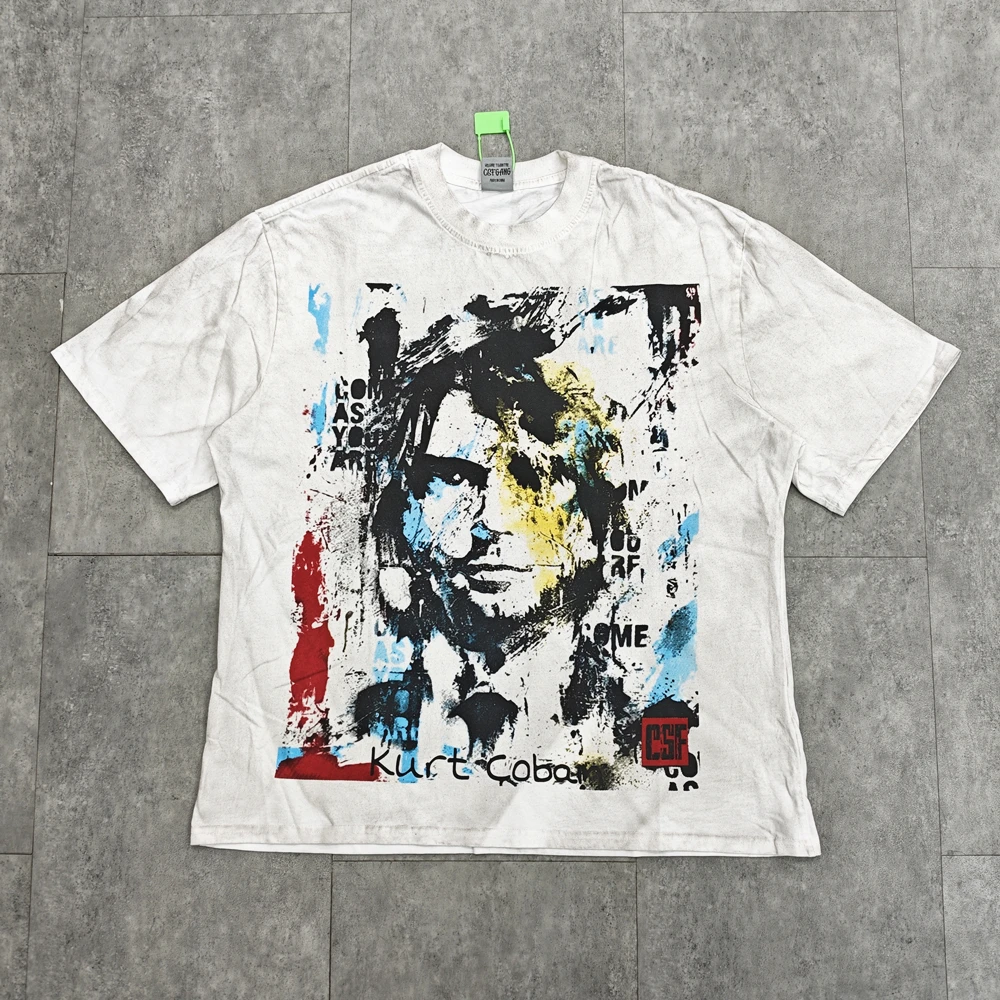 

Yao Fashion Kurt Cobain Splash Ink Portrait Print Tee Casual Streetwear Loose Band Punk Rock Oversize Vintage T Shirt For Men