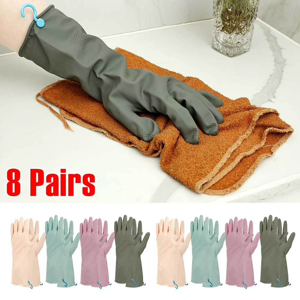 

8Pairs Rubber Kitchen Dishwashing Gloves 13 Inch Long Latex Gloves with Hanging Hook and Nonslip Texture Household Cleaning Tool