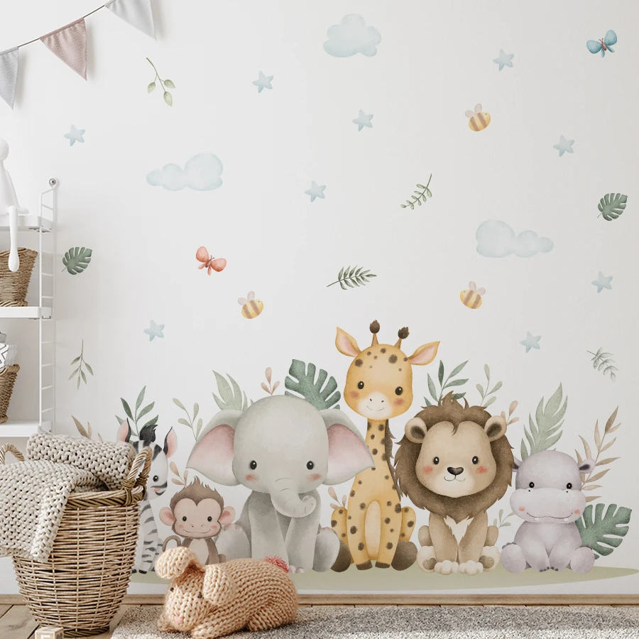 Cartoon Animals Lions Elephants Giraffes PVC Removable Wall Stickers for Kids Room Decor Bedroom Living Room Wall Decals
