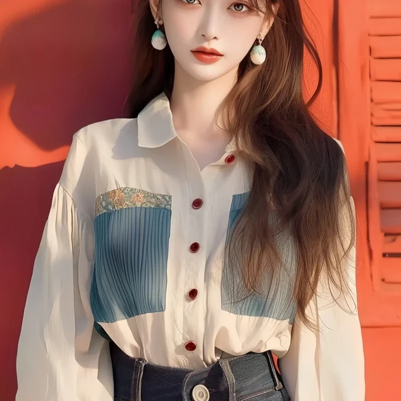 

Chiffon Women's Blouses Patchwork Korean Shirts FASHION Loose Spring/Summer Vintage Clothing Long Sleeve Women Tops